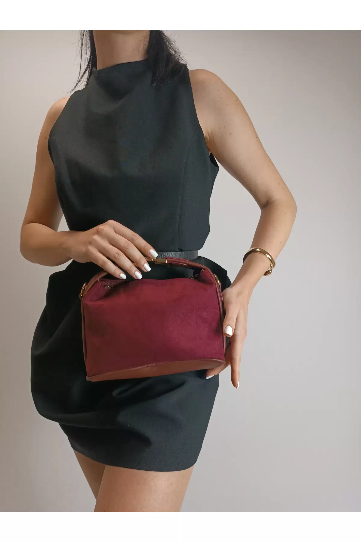 Toile Bordo Süet Nubuk Kilit Saplı Kadın El Kol Ve Omuz Çantası