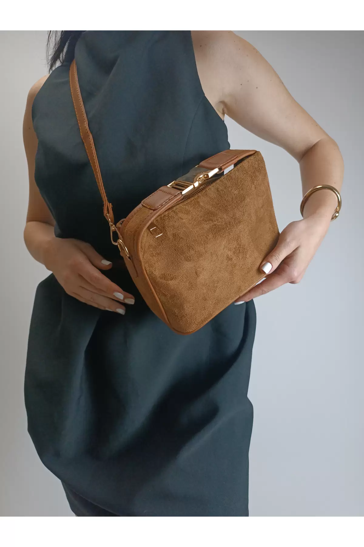 Toile Taba Nubuk Süet Kilit Saplı Kadın El Kol Ve Omuz Çantası