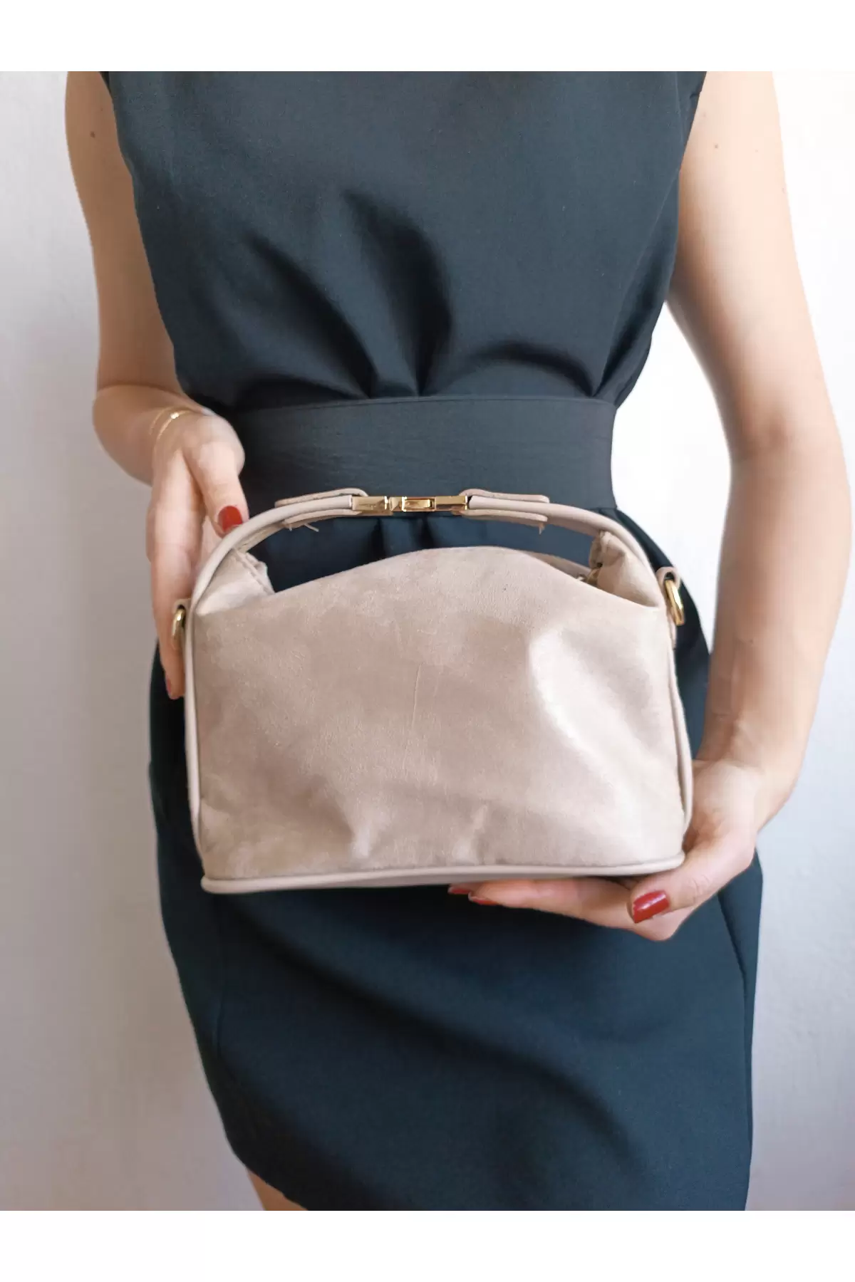 Toile Mink Nubuck Suede Lock Handle Womens Handbag and Shoulder Bag