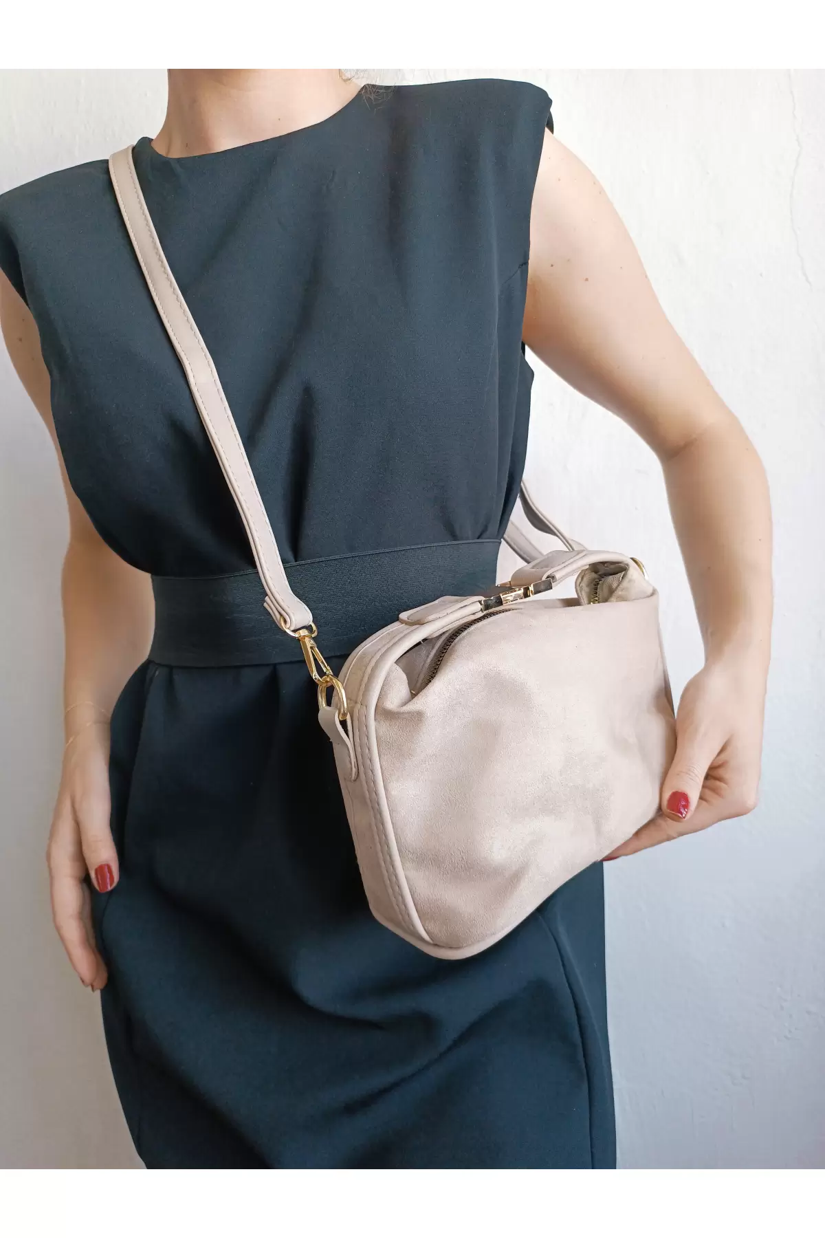 Toile Mink Nubuck Suede Lock Handle Womens Handbag and Shoulder Bag