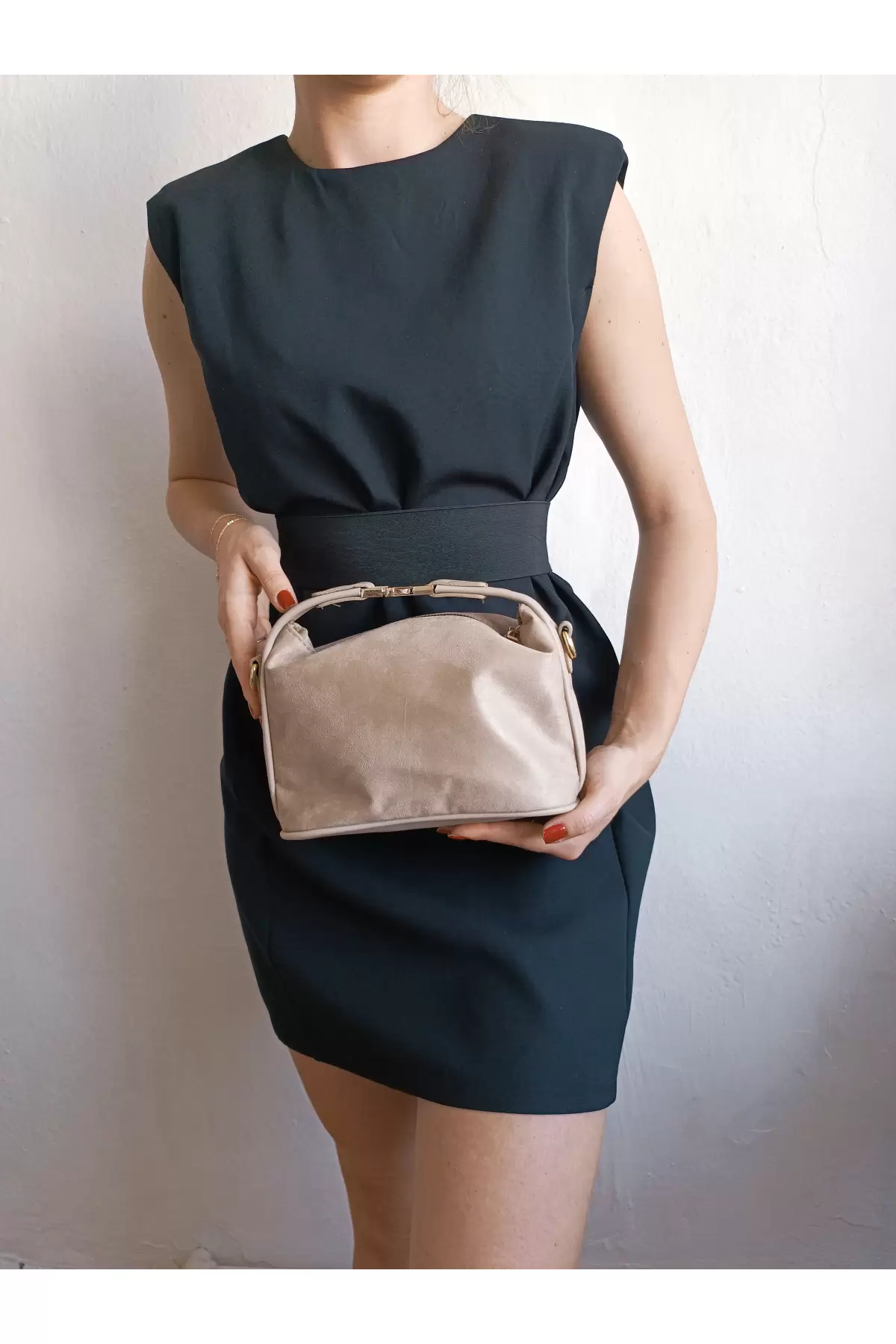 Toile Mink Nubuck Suede Lock Handle Womens Handbag and Shoulder Bag