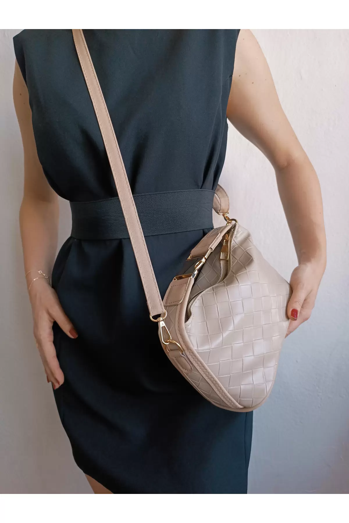 Toile Mink Knit Pattern Lock Handle Womens Hand Shoulder Bag