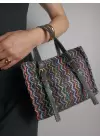 Asya Çok Renkli Siyah Kadın Örgülü Tokalı El Ve Omuz Çantası