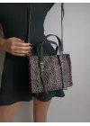 Asya Çok Renkli Siyah Kadın Örgülü Tokalı El Ve Omuz Çantası