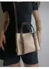 Asya Krem Kahve Kadın Hasır Örgülü Tokalı El Ve Omuz Çantası