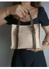 Asya Krem Kahve Kadın Hasır Örgülü Tokalı El Ve Omuz Çantası