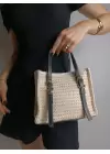 Asya Krem Siyah Kadın Hasır Örgülü Tokalı El Ve Omuz Çantası
