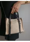 Asya Krem Siyah Kadın Hasır Örgülü Tokalı El Ve Omuz Çantası