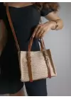 Asya Krem Taba Kadın Hasır Örgülü Tokalı El Ve Omuz Çantası
