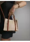 Asya Krem Taba Kadın Hasır Örgülü Tokalı El Ve Omuz Çantası