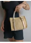 Asya Vizon Krem Kadın Hasır Örgülü Tokalı El Ve Omuz Çantası