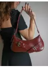 Casey Burgundy Womens Baguette Shoulder Bag with Belt Detail