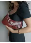 Casey Burgundy Womens Baguette Shoulder Bag with Belt Detail