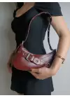 Casey Burgundy Womens Baguette Shoulder Bag with Belt Detail
