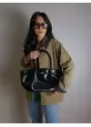 Celina Siyah Kırışık Deri Kilit Detay Büyük Boy Kadın Omuz Çantası
