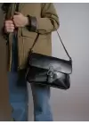 Kleopatra Siyah Yumuşak Deri Çift Askılı Vintage Kadın El Ve Omuz Çantası