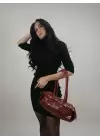 Lidya Bordo Parlak Kemer Detay Tasarım Kadın Omuz Çantası
