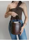 Margaret Bitter Brown Drawstring Closure Double Strap Bucket Womens Hand and Shoulder Bag