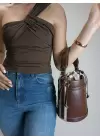 Margaret Bitter Brown Drawstring Closure Double Strap Bucket Womens Hand and Shoulder Bag