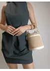 Margaret Straw Cream Detailed Drawstring Closure Double Strap Bucket Model Womens Hand and Shoulder Bag