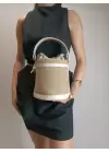 Margaret Straw Cream Detailed Drawstring Closure Double Strap Bucket Model Womens Hand and Shoulder Bag