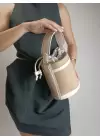 Margaret Straw Cream Detailed Drawstring Closure Double Strap Bucket Model Womens Hand and Shoulder Bag