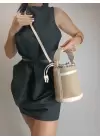Margaret Straw Cream Detailed Drawstring Closure Double Strap Bucket Model Womens Hand and Shoulder Bag
