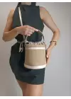 Margaret Straw Cream Detailed Drawstring Closure Double Strap Bucket Model Womens Hand and Shoulder Bag
