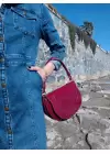 Medusa Bordo Kırışık Cilt Kontrast Dikişli Kolon Askılı Kadın Omuz Çantası