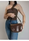 Medusa Kahve Kırışık Cilt Kontrast Dikişli Kolon Askılı Kadın Omuz Çantası