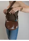 Medusa Brown Wrinkled Skin Contrast Stitched Column Strap Womens Shoulder Bag