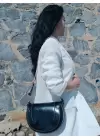 Medusa Siyah Kırışık Cilt Kontrast Dikişli Kolon Askılı Kadın Omuz Çantası