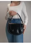 Medusa Siyah Kırışık Cilt Kontrast Dikişli Kolon Askılı Kadın Omuz Çantası