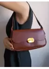 Mina Claret Red Soft Leather Design Lock Double Strap Womens Shoulder Bag