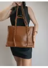 Norma Taba Cilt Dikiş Detaylı Çift Askılı Kadın Omuz Çantası