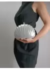 Rosalie Gümüş Sedefli Deniz Kabuğu Model Zincir Askılı Dokulu Clutch Abiye Portföy Çanta