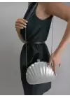 Rosalie Gümüş Sedefli Deniz Kabuğu Model Zincir Askılı Dokulu Clutch Abiye Portföy Çanta