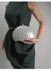 Rosalie Gümüş Sedefli Deniz Kabuğu Model Zincir Askılı Dokulu Clutch Abiye Portföy Çanta