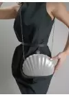 Rosalie Gümüş Sedefli Deniz Kabuğu Model Zincir Askılı Dokulu Clutch Abiye Portföy Çanta