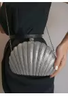 Rosalie Gümüş Taşlı Deniz Kabuğu Model Zincir Askılı Dokulu Clutch Abiye Portföy Çanta
