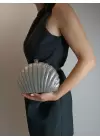 Rosalie Gümüş Taşlı Deniz Kabuğu Model Zincir Askılı Dokulu Clutch Abiye Portföy Çanta