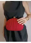 Rosalie Kırmızı Nubuk Deniz Kabuğu Model Zincir Askılı Dokulu Clutch Abiye Portföy Çanta