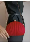 Rosalie Kırmızı Nubuk Deniz Kabuğu Model Zincir Askılı Dokulu Clutch Abiye Portföy Çanta