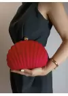 Rosalie Kırmızı Nubuk Deniz Kabuğu Model Zincir Askılı Dokulu Clutch Abiye Portföy Çanta