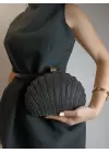 Rosalie Black Stoned Shell Model Chain Strap Textured Clutch Evening Dress Portfolio Bag