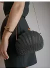 Rosalie Black Stoned Shell Model Chain Strap Textured Clutch Evening Dress Portfolio Bag