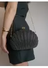 Rosalie Black Stoned Shell Model Chain Strap Textured Clutch Evening Dress Portfolio Bag