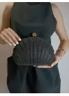 Rosalie Black Stoned Shell Model Chain Strap Textured Clutch Evening Dress Portfolio Bag