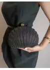 Rosalie Black Stoned Shell Model Chain Strap Textured Clutch Evening Dress Portfolio Bag