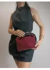 Toile Bordo Süet Nubuk Kilit Saplı Kadın El Kol Ve Omuz Çantası